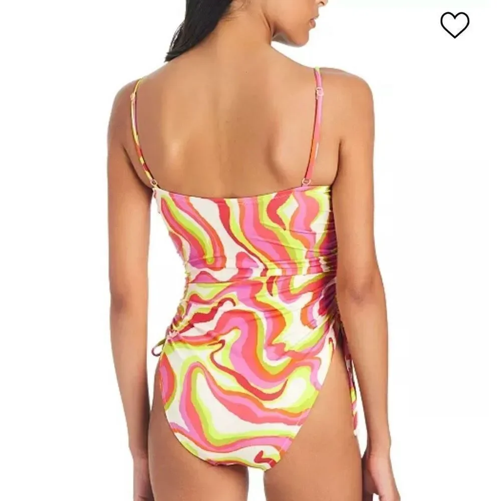 SANCTUARY Women's Neon Swirl Ruched-Side Swimsuit size Medium